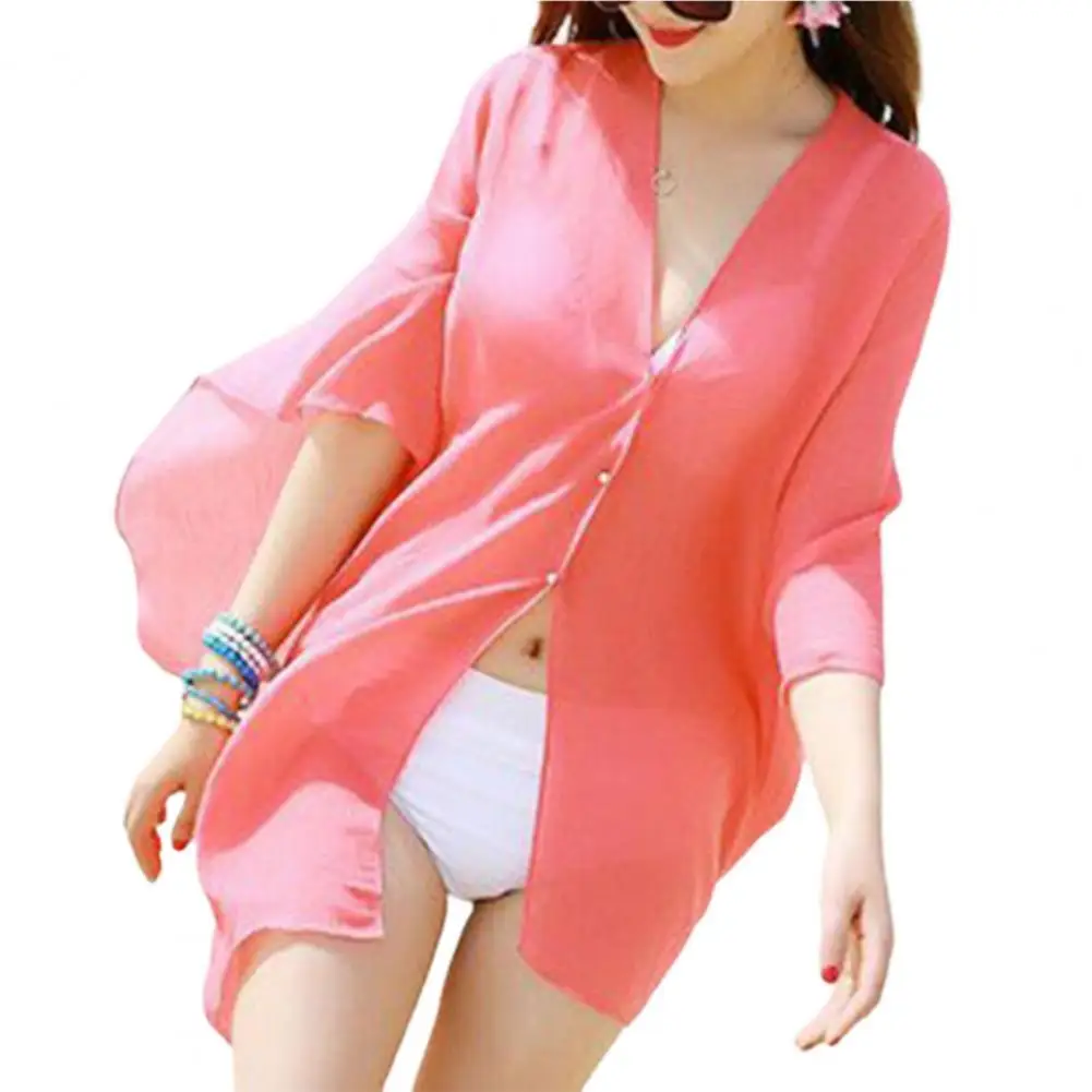 

Women Dress Cover Up Swimwear Bikini Shirt Thin Breathable Irregular Sleeve Chiffon Bikini Cover Up Sundress