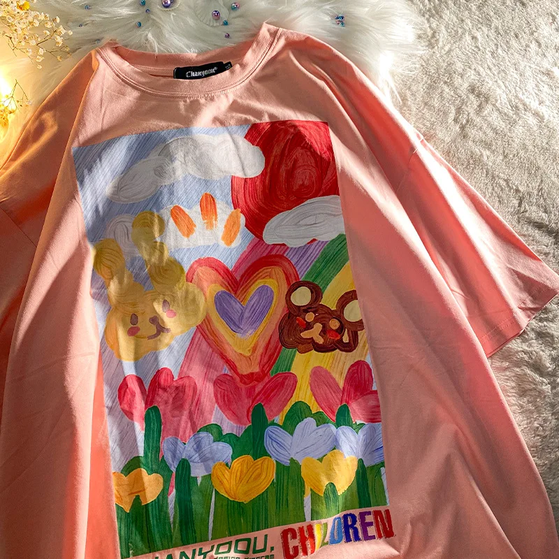

Cotton 2022 Summer Women's T-shirt Flower Print White T-shirt Women's Loose T-shirt Women's Oversized T-shirt Top Short Sleeve