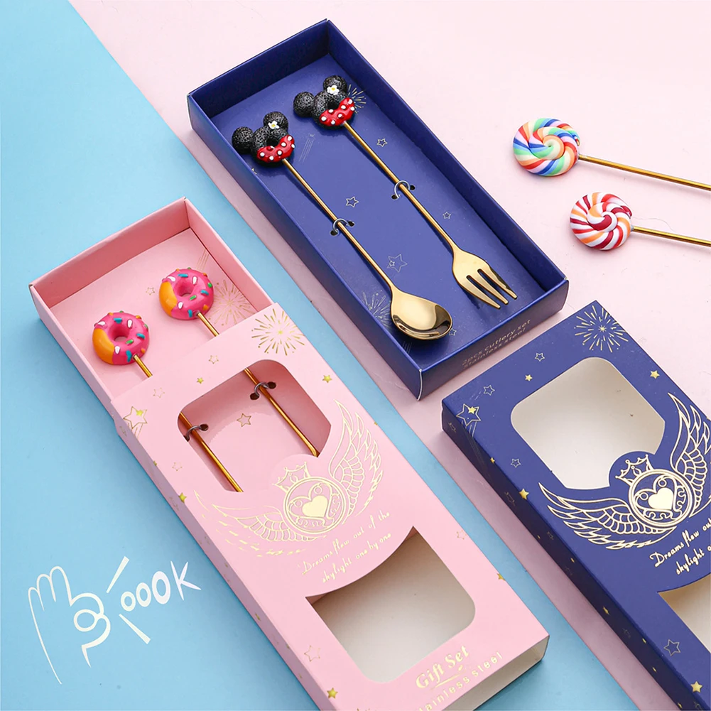 

2Pcs Stainless Steel Spoon Donut Coffee Dessert Spoon Fork Gift Boxed Tableware Wedding Gift Mini Spoon Coffee Spoons Mini Spoon