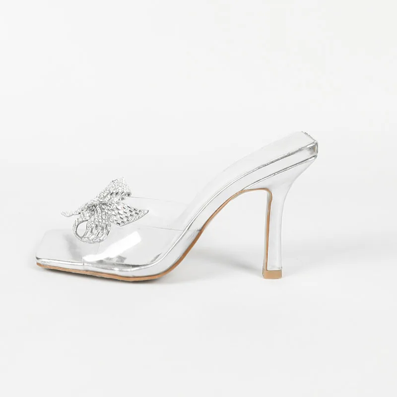 Женские блестящие шлепанцы на высоком каблуке тонкие прозрачные слиперы в