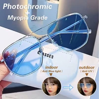 photochromic myopia glasses women men large frame anti blue light glasses eye protection double beam computer glasses 600 to 0