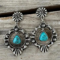 tibetan water drop natural blue stone earrings ethnic antique silver color carved flower metal dangle earrings for women