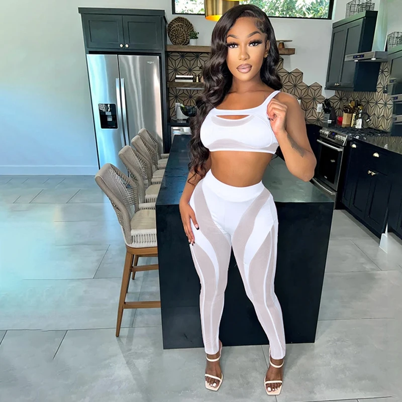 

Sexy Sheer Mesh Patchwork Women 2pcs Tracksuits Cut Out Tank Crop Top And Skinny Leggings Matching Sets Woman Sport Suit