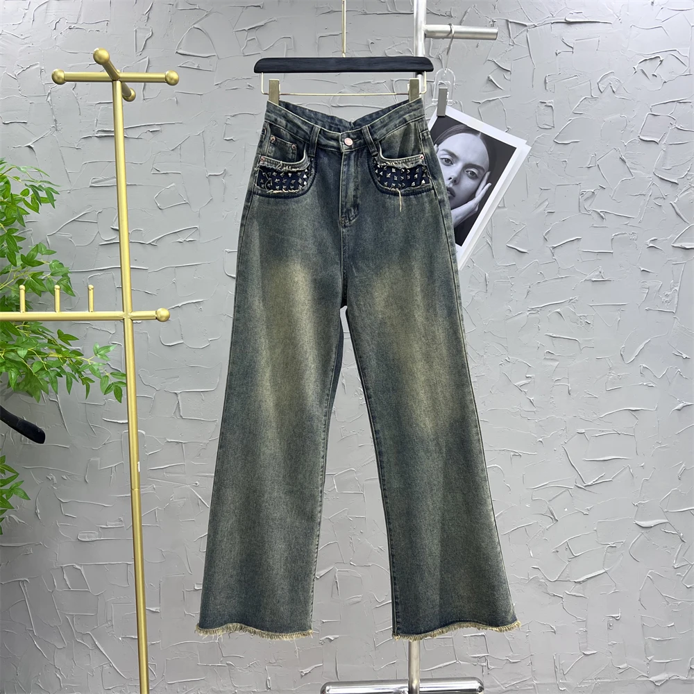 

Свободные повседневные осенние джинсы, новинка 2023, свободные широкие брюки с завышенной талией в стиле ретро, джинсовые брюки с необработанными краями, женские джинсовые брюки с заклепками