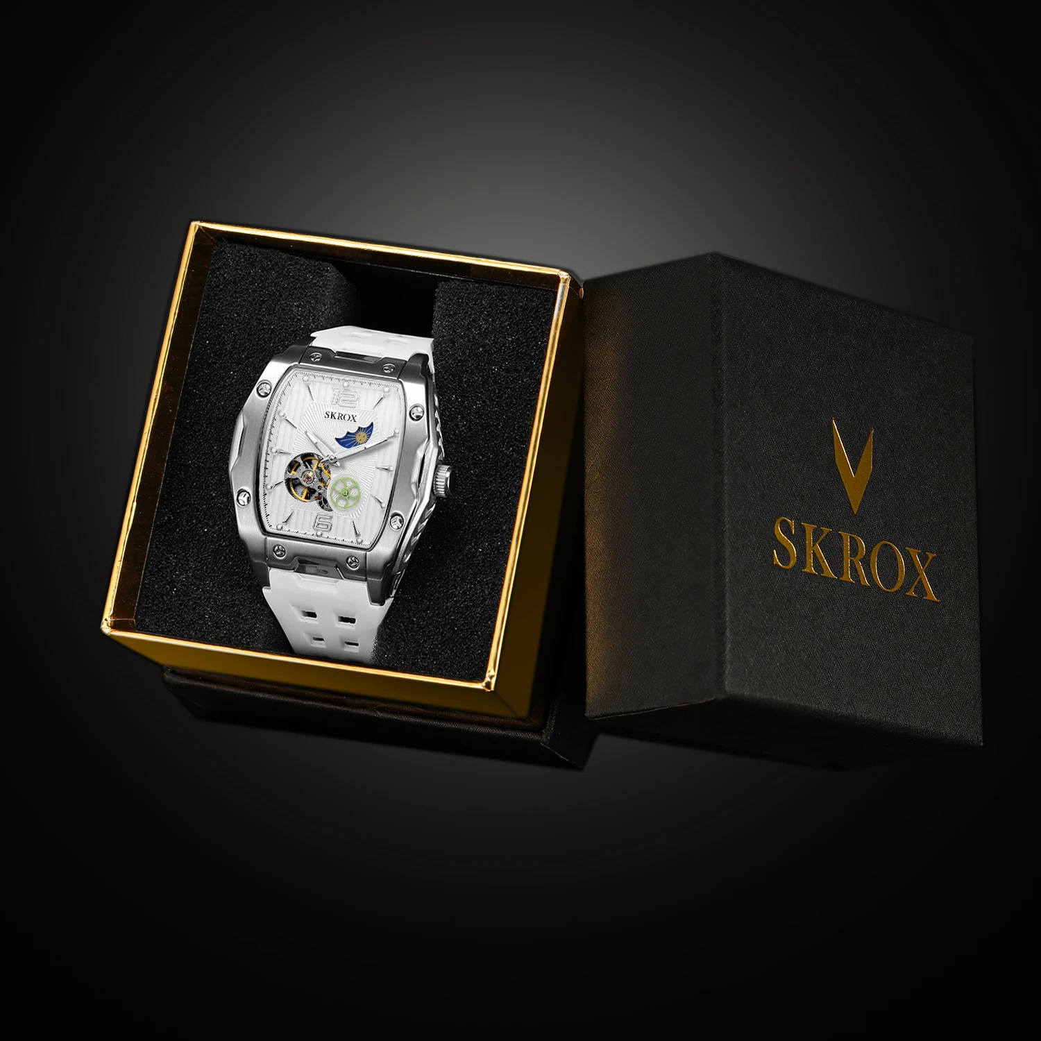 Фото SKROX Роскошные Tonneau Moon Phase Tourbillon с автоматическим механизмом, механические мужские часы высокого качества, водонепроницаемые силиконовые часы в стиле милитари №3