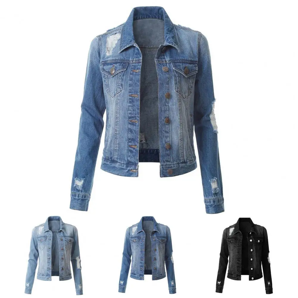 Solid Color Autumn Winter Jeans Jacket Streetwear Ripped Denim Coat Lapel Washed Single Breasted Streetwear images - 6