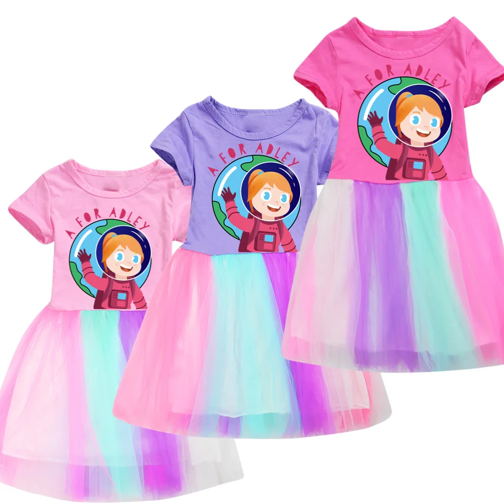 

A for Adley Summer Girls Dress Flare Sleeve Kids Tutu Dress Patchwork Girls Party Vestidos Rainbow Cartoon Children Dress