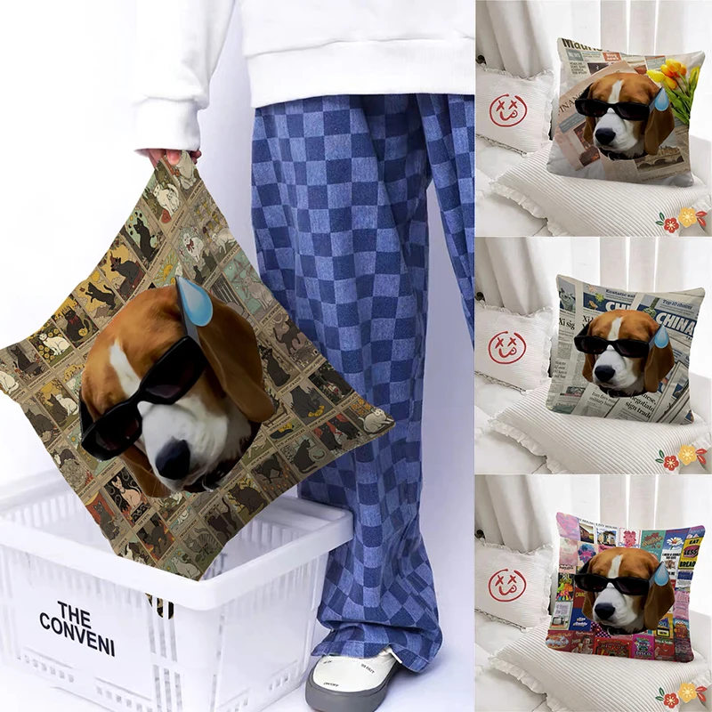 

Decorative Throw Pillowcases with Beagle Dog on Newspaper Pattern Printed Double Sided Print Dakimakura Cushion Cover Home Decor