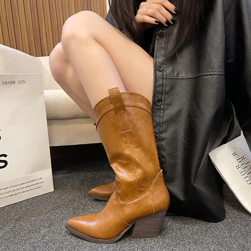 

Женские ковбойские сапоги на толстом каблуке, классические элегантные ковбойские сапоги до середины икры, модные ботинки из коровьей кожи для женщин, Новая зимняя женская обувь