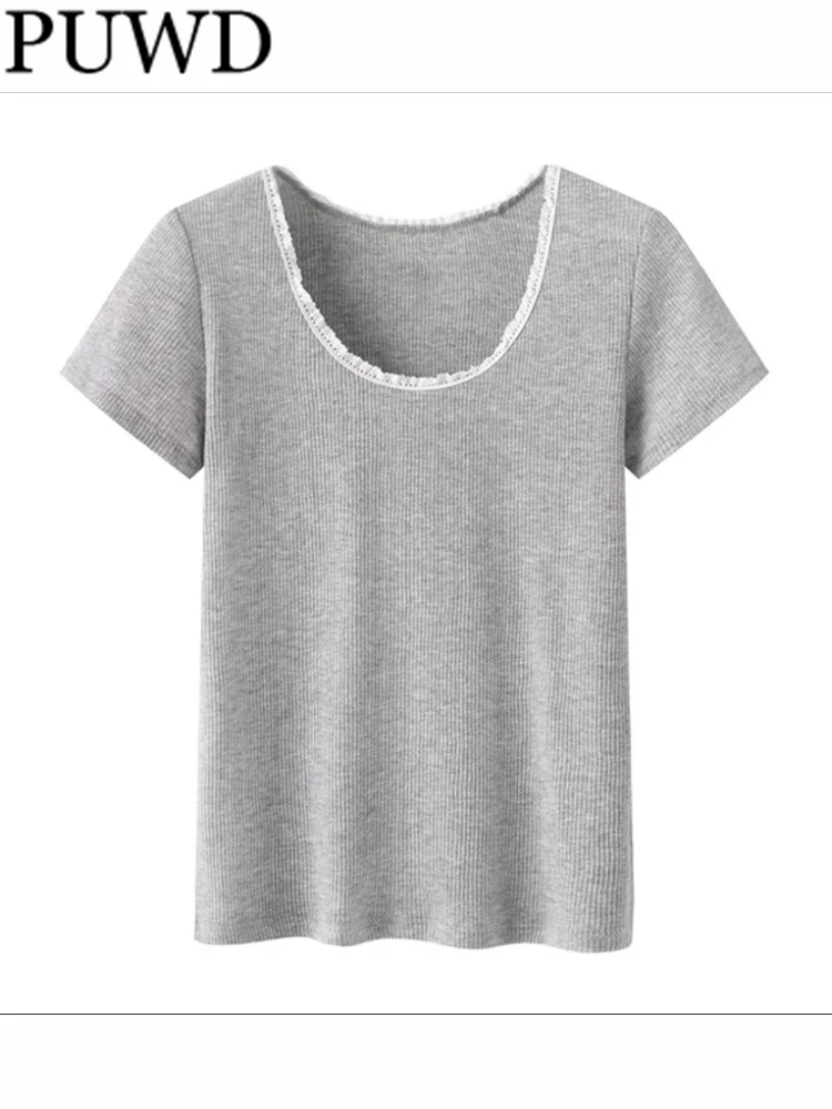 

Повседневные женские футболки PUWD из мягкого хлопка серого цвета, лето 2023, модные женские винтажные с круглым вырезом и кружевом, женские топы с коротким рукавом, шикарные
