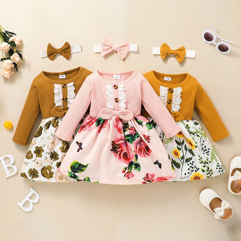 

Casual Floral Baby Girls Dresses Toddler Kid Ribbed Ruffled Bow Splice Polka Dot Party Princess Dress for Newborn