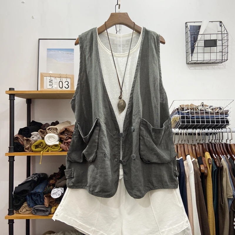 

Cotton Linen Solid Women Vest Summer Vintage 2022 V-Neck Pocket Sleeveless Solid Loose Casual Female Outwear Coats Tops