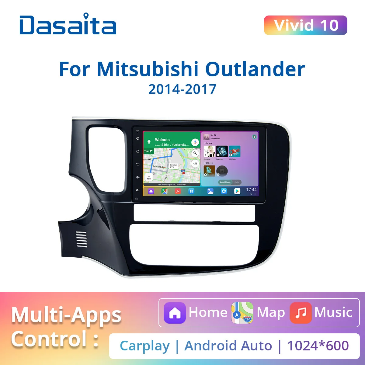 

Автомобильный радиоприемник Dasaita Vivid10 PX6 для Mitsubishi Outlander 2014 2015 2016 2017, навигатор GPS 1280*720 IPS android Apple Carplay DSP