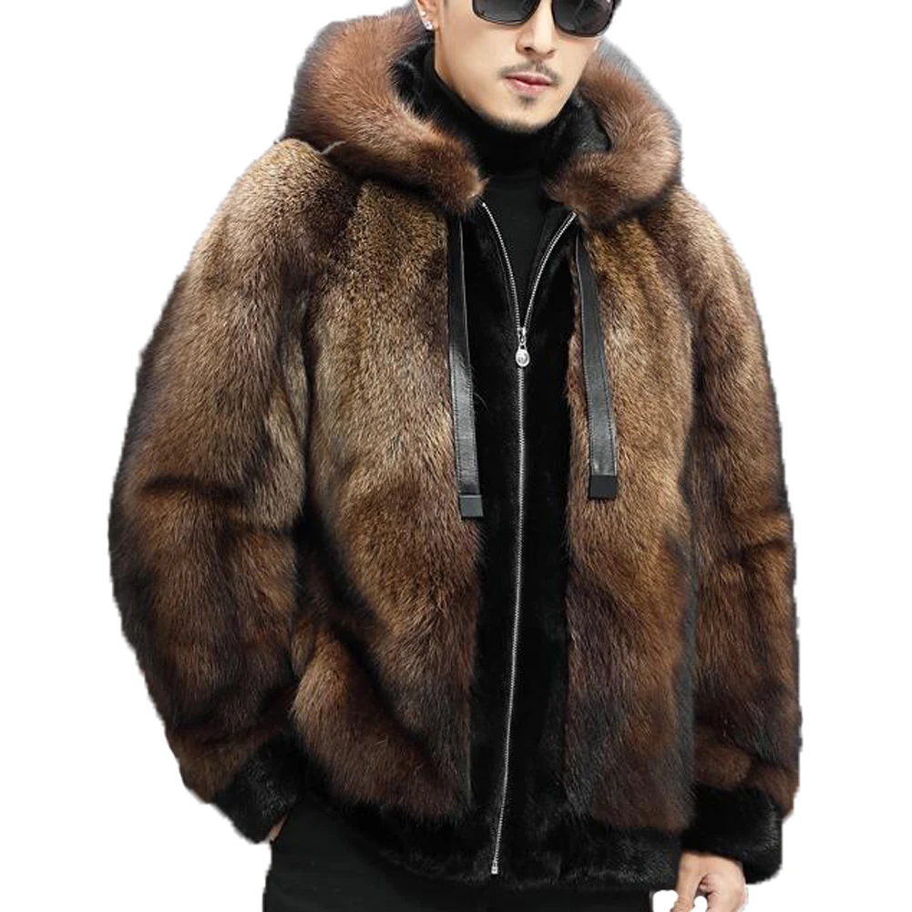 

Denny&Dora Natural Mink Fur Coat Fashion Hooded Fur Jacket Mens Winter Coat Leather Jacket