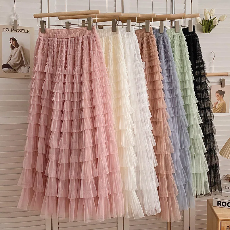 

Spring Autumn Women Large Hem Pleated Mesh Skirt Sweet Elastic High Waist Ruffles Cake Skirt Ladies A LIne Long Tutu Skirts Saia