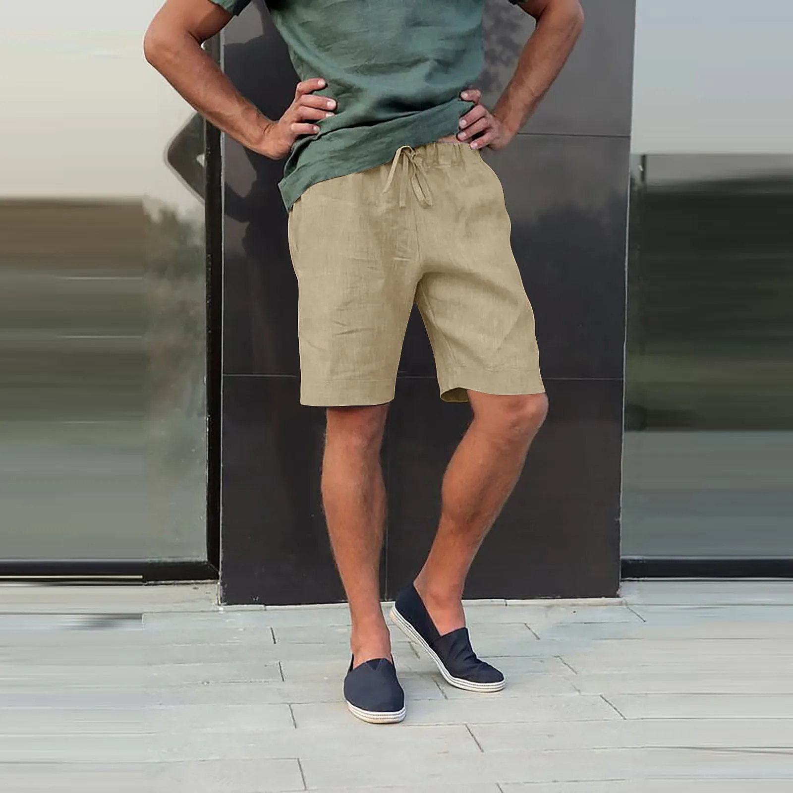 Men's Fashion Casual Linen Shorts Summer Multi Pocket Drawstring Beach Shorts Soild Color Gym Jogging Short Pants For Man