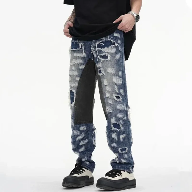 2024 AOSHIYA Grunge одежда Y2K уличная рваные Многослойные джинсовые брюки мужские новые