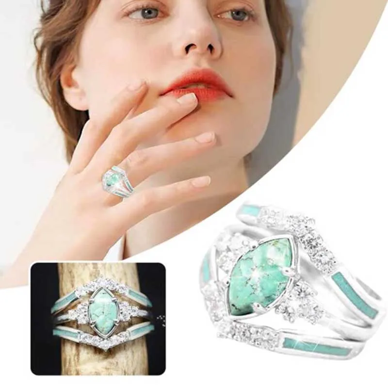 

3Pcs/set Women Natural Turquoise Ring Vintage Antique Natural Stone Ring Fashion Jewelry Gift for Wedding Anniversary