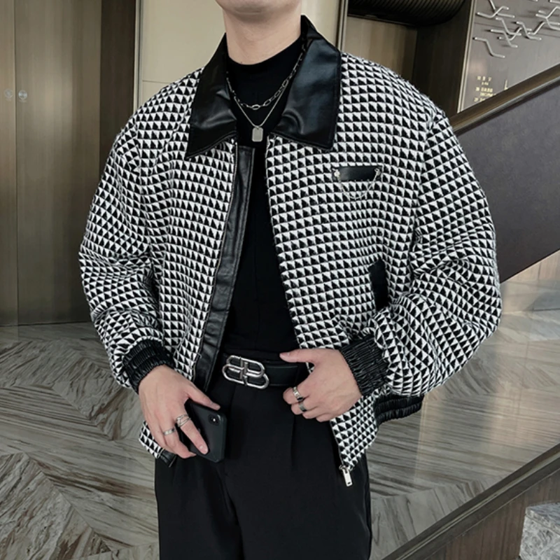 

2022 Autumn Winter Houndstooth Jacket Men Korean Style Loose Short Lapel Bomber Jacket Business Casual Outwear Streetwear