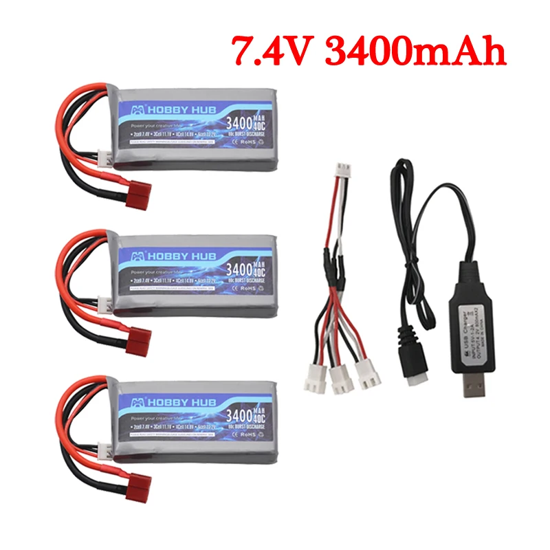 

Upgrade 3400mah 40C For Wltoys 12428 12423 RC Four-wheel Off-road vehicle Car 2s 7.4v Lipo Battery Feiyue 03 Q39 RC Racing Car