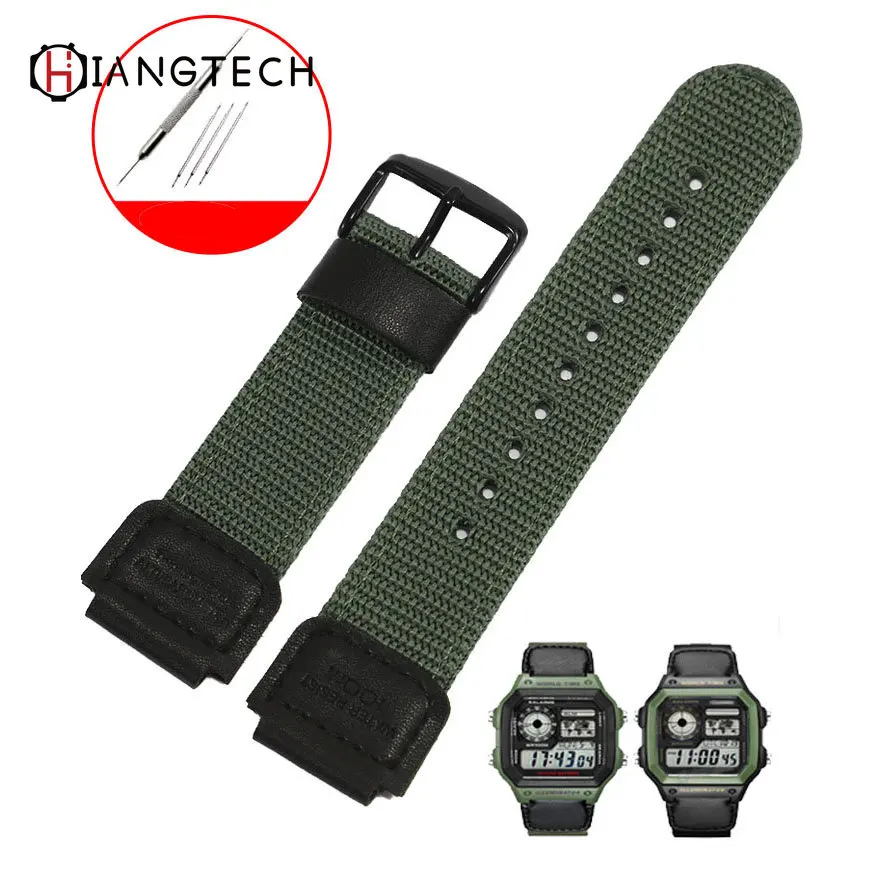 Nylon watch strap for Casio AE-1200 1300 SGW400 small square army green canvas watch chain male