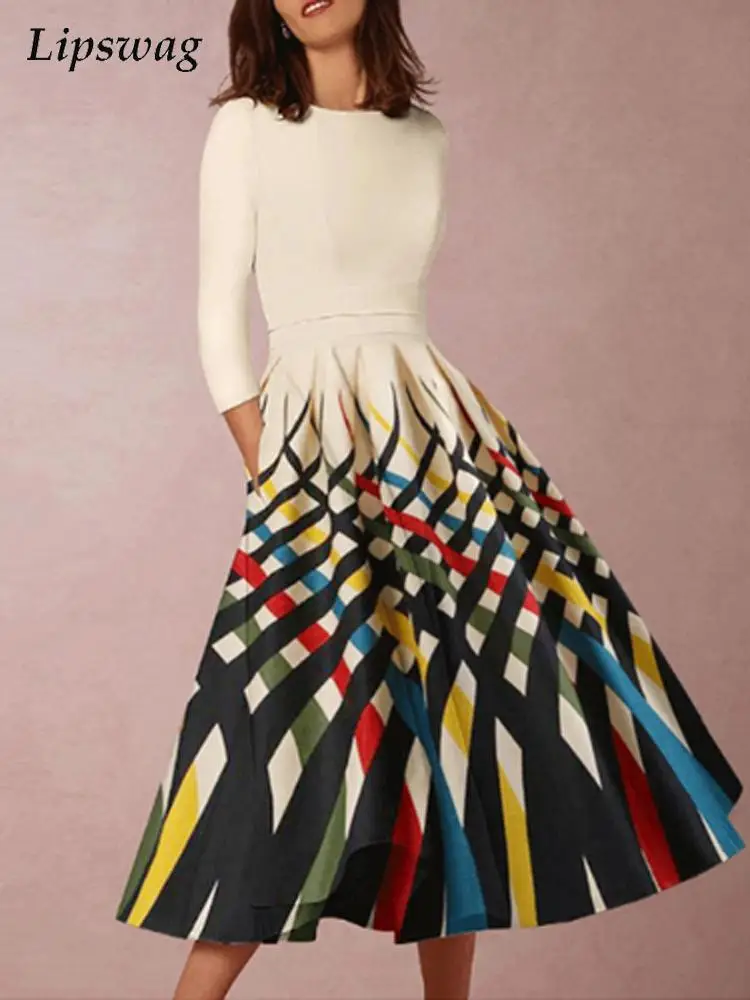 

Женское праздничное платье с принтом, Элегантное повседневное офисное платье-трапеция с V-образным вырезом и рукавом до локтя, весна-лето 2022