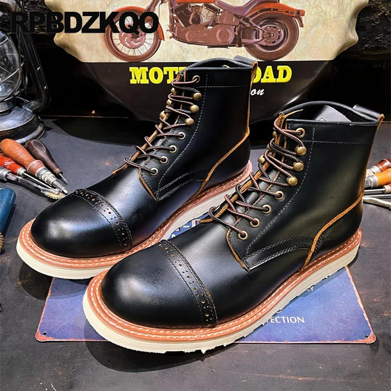 

Men Full Grain Leather 12 Combat Military Boots Retro Shoes Brogue Round Toe Big Size Lace Up Flats Ankle Army Goodyear Welted