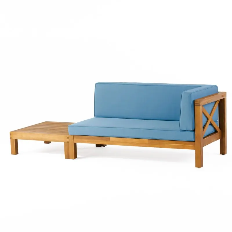 

Acacia Wood Outdoor Right Arm Loveseat and Coffee Table Set with Cushion, Teak and Blue