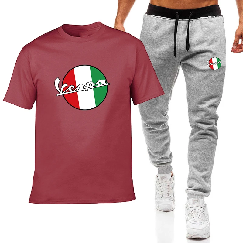 

Vespa Print New Men's 2-Piece Sportswear Short Sleeve T-Shirt + Casual Pants Fashion Trend Sportswear Set