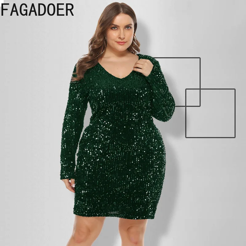 

FAGADOER Fashion Sequins Nightclub Party Dress Women Round Neck Long Sleeve Mini Dress Sexy Solid Slim Vestidos Plus Size XL-5XL