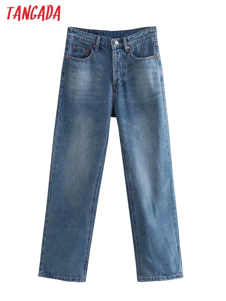 

Tangada 2022 Fashion Women Blue Casual Jeans Pants Long Trousers Pockets Buttons Female Pants 4M76