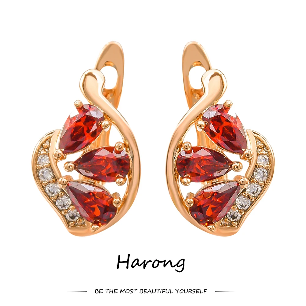 

Harong Red Cubic Zirconia Delicate Stud Earrings Rose Gold Metal Quality Women's Jewelry Ear Clip Gifts for Wedding Party