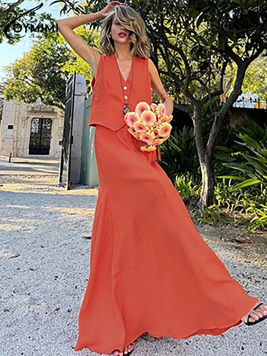 Oymimi повседневный оранжевый хлопковый женский комплект из 2 предметов модные топы