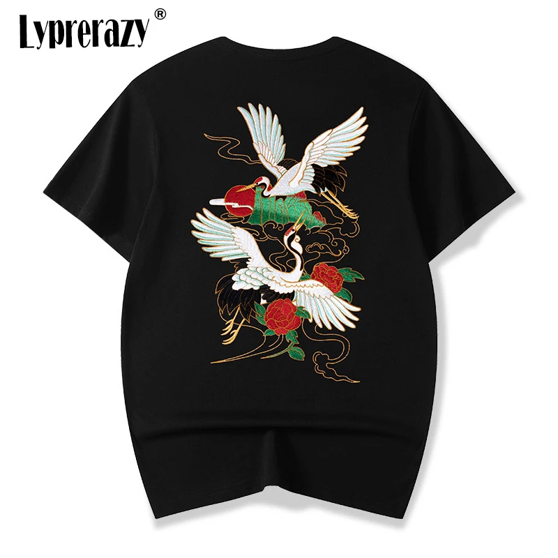 

Lyprerazy 2022 Summer Chinese Style Crane Embroidery Short-sleeved T-shirt Men's National Tide Shirt