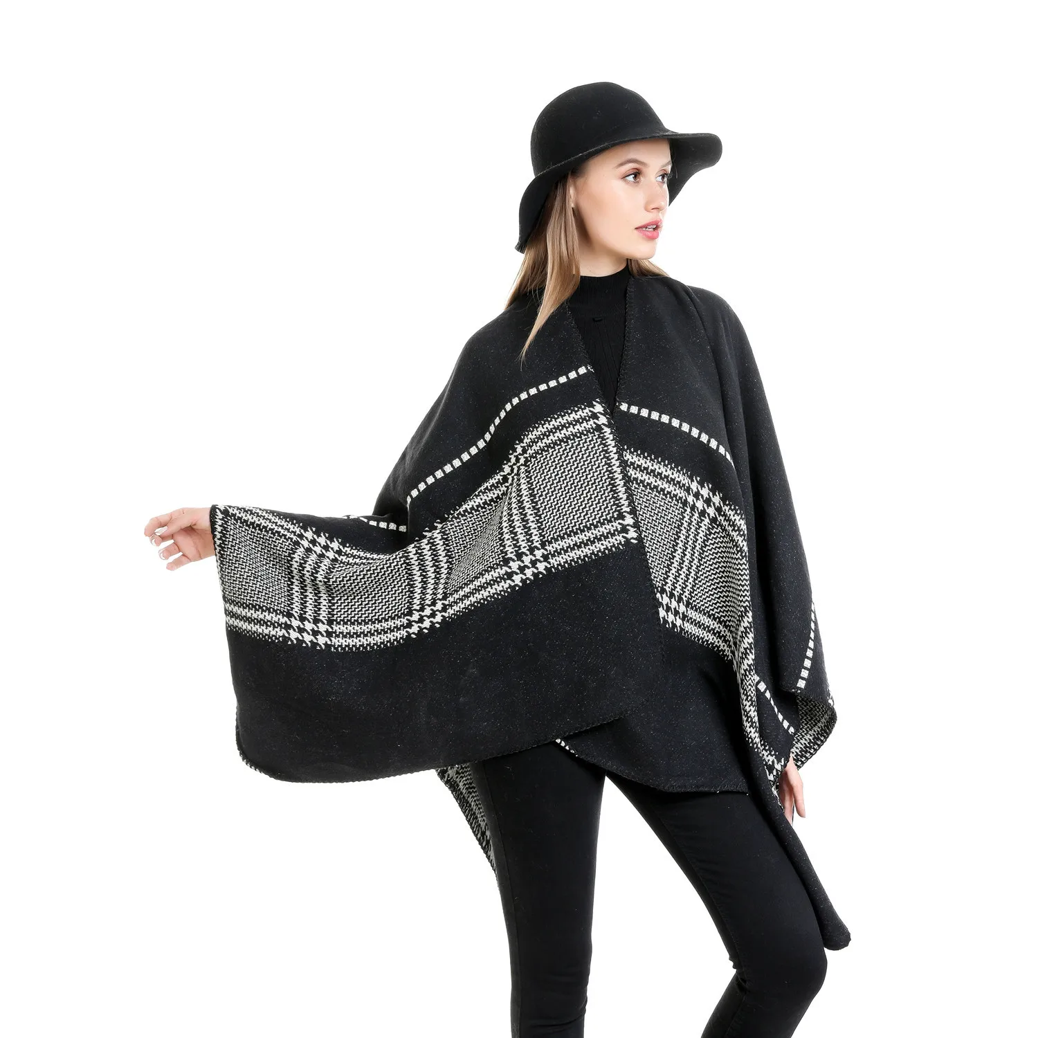 

Winter Women's Cashmere Scarf Hot Selling European and American Fashion Houndstooth Pattern Dual-purpose Shawl Warm Scarf Poncho