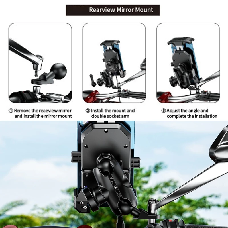 Waterproof 12V Motorcycle Mirror 15W Wireless Qi/USB C PD 20W Cellphone Fast Charger Holder Mount Cradle with Switch
