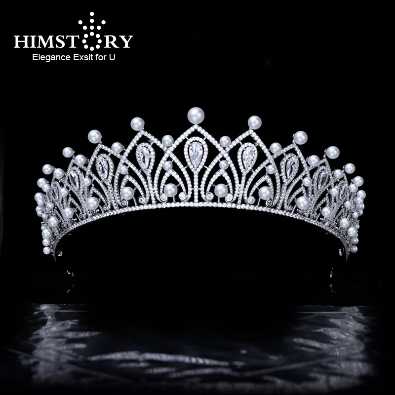 

Himstory Gorgeous Pearls Zircon Wedding Tiaras Crowns Headbands Cubic Evening Hairbands Brides Hair Accessories Prom Jewelry