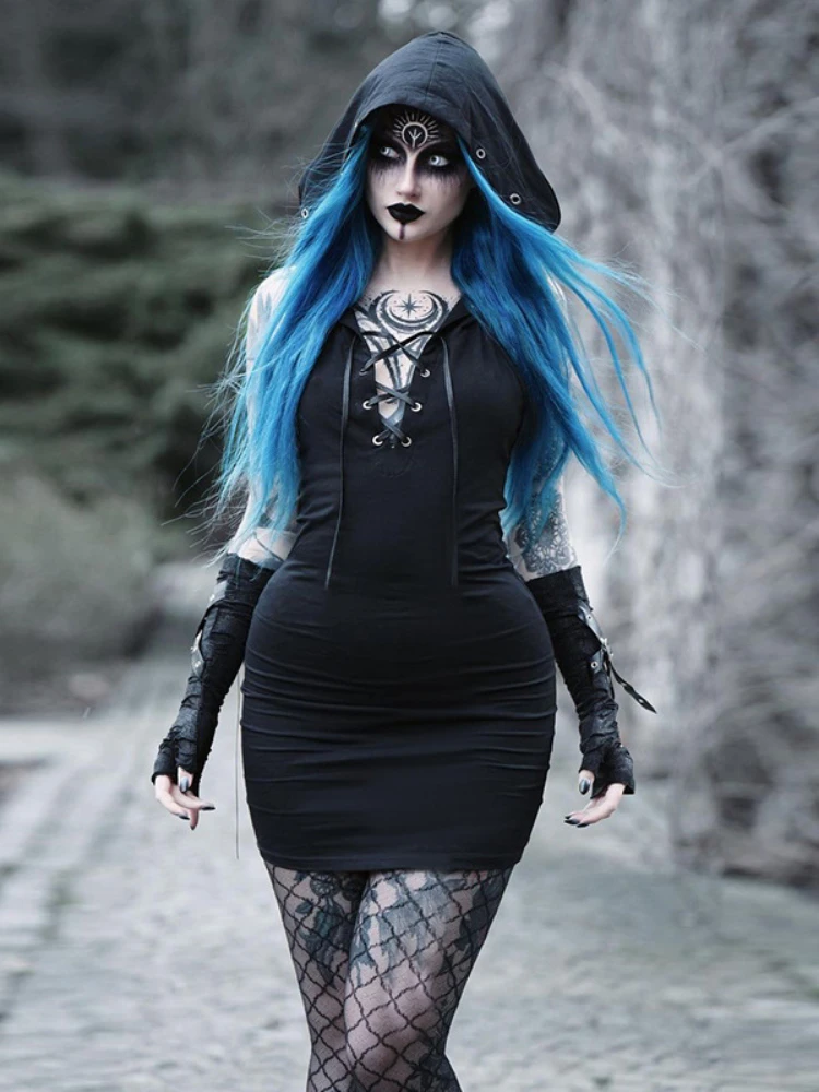 

Streetwear Slim Fit Lace-Up Open Back Spicy Girl Short Dress Gothic Black Hooded Sleeveless Mini Dress Summer Women Clothing