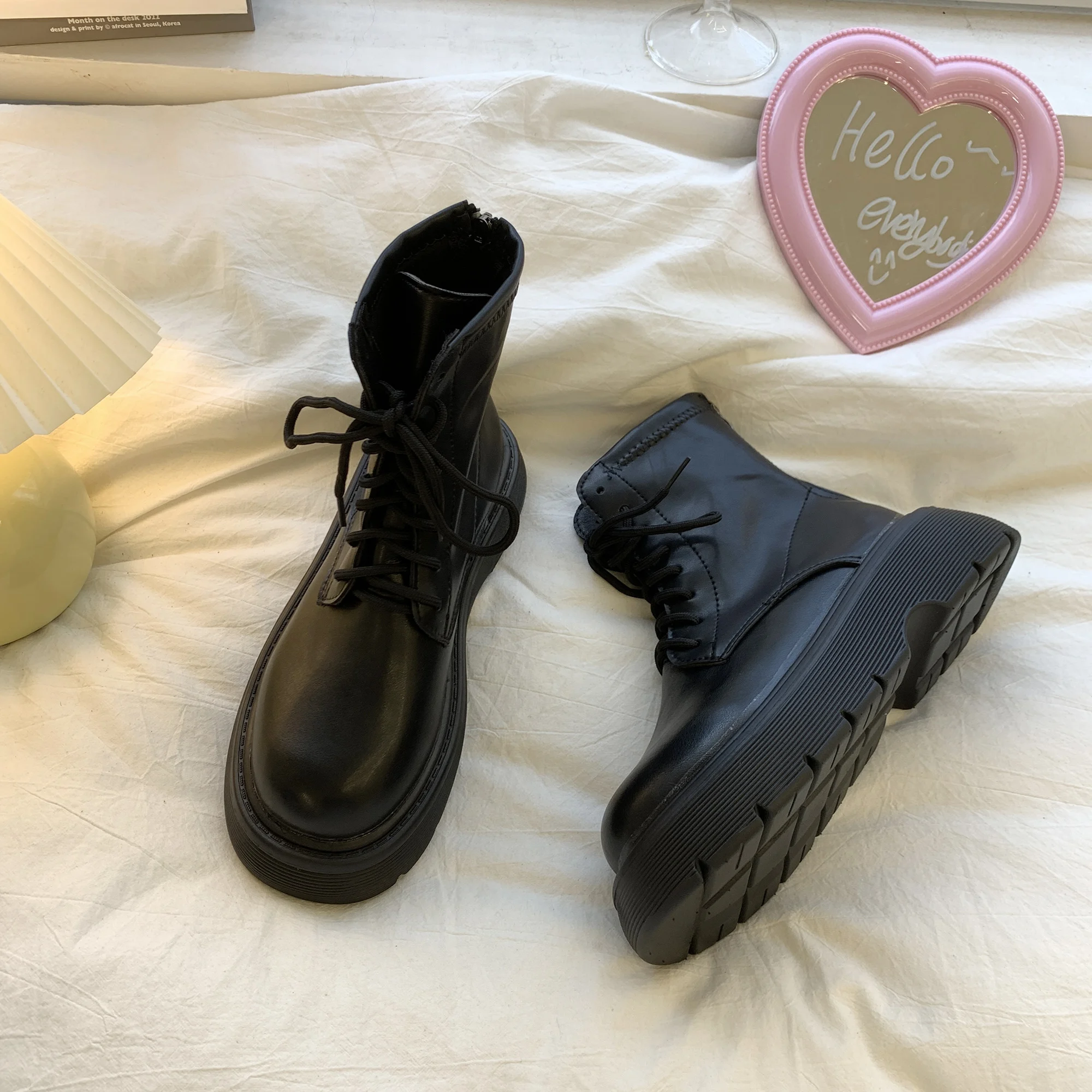 

Shoes Lolita Boots Lace Up Round Toe Boots-Women Luxury Designer Rubber 2022 Black Med Rock Fashion Ladies Autumn Ankle Solid Ba