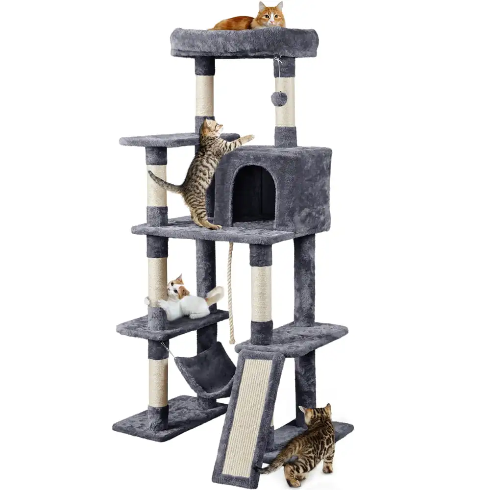 

63" Cat Tree Tower with Hammock and Scratching Posts, Dark Gray