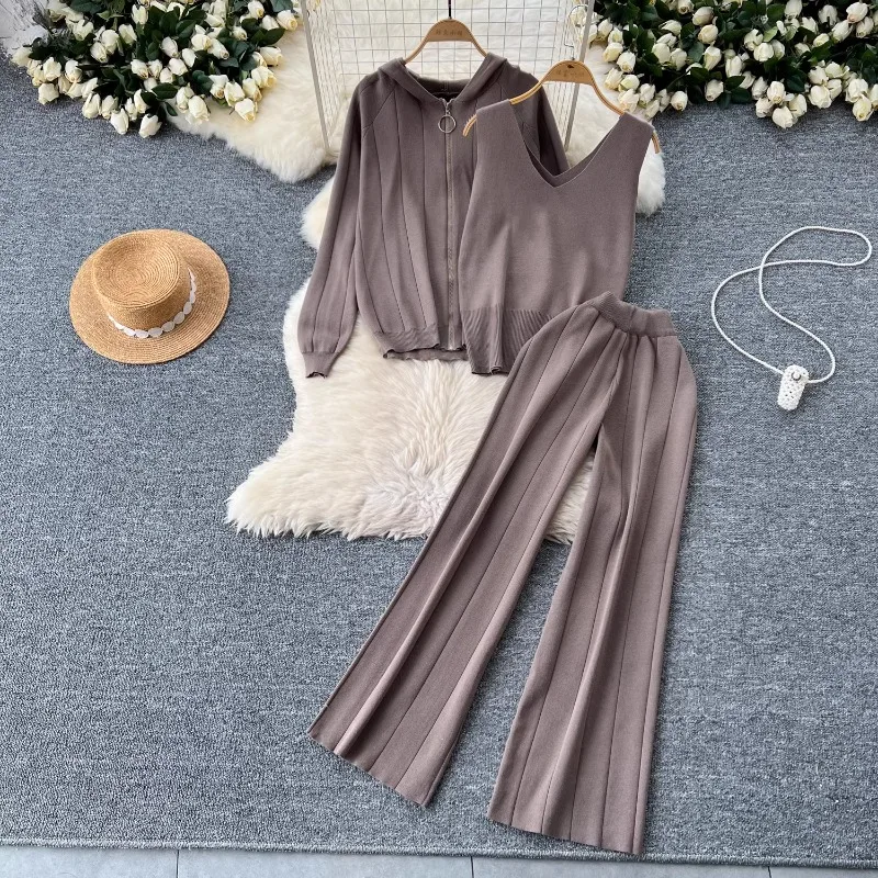 Корейский шикарный простой однотонный вязаный костюм женский кардиган с