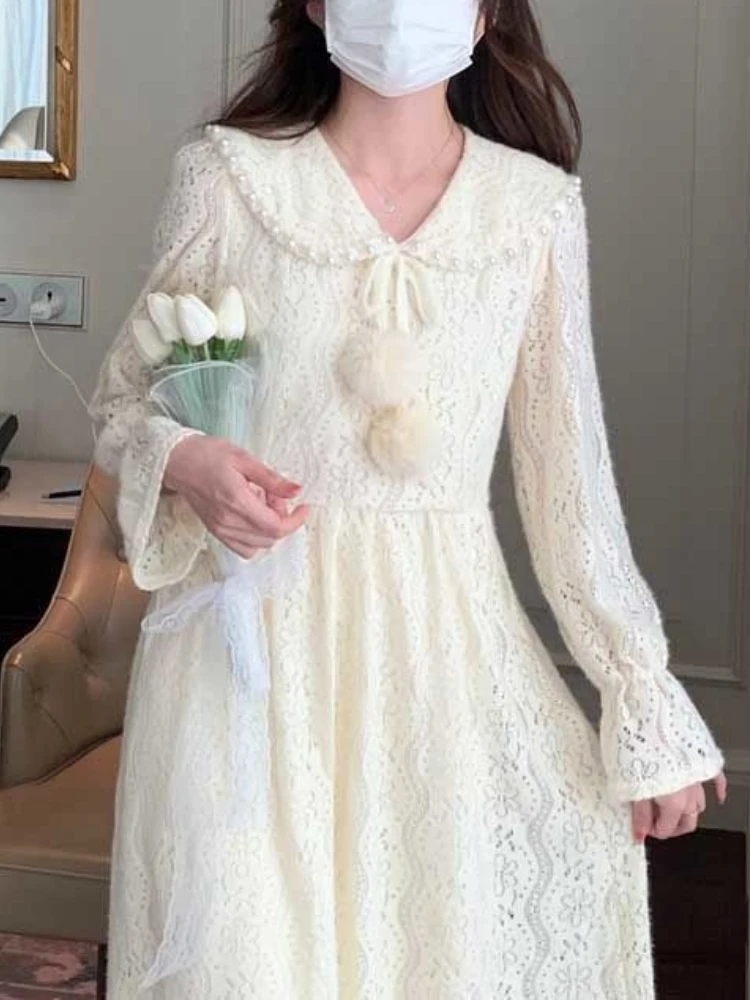 

Elegant French Sweet Dress Women Kawaii Fairy Lace Midi Dress Casual One Piece Dress Korean 2022 Spring Vintage Long Sleeve