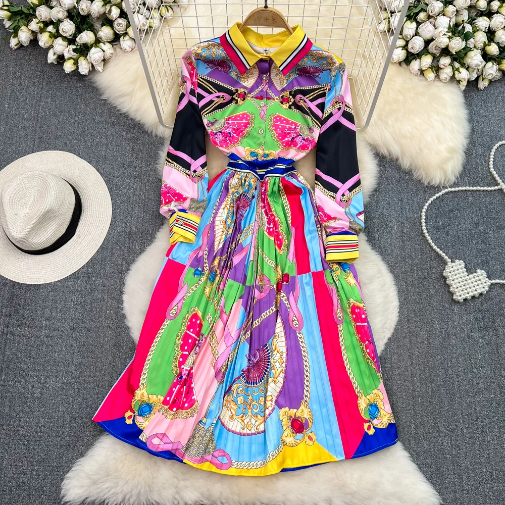 

Женское модельное платье-рубашка с отложным воротником, элегантное плиссированное платье миди с длинным рукавом и винтажным принтом, весна-лето 2023