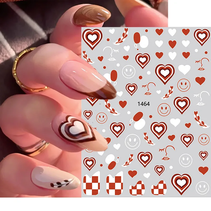 

Nail Art Stickers Coffee Pull Flower Heart Brown Abstract Face Smile Leaf Checkerboard Slider French Tips 3D Manicure