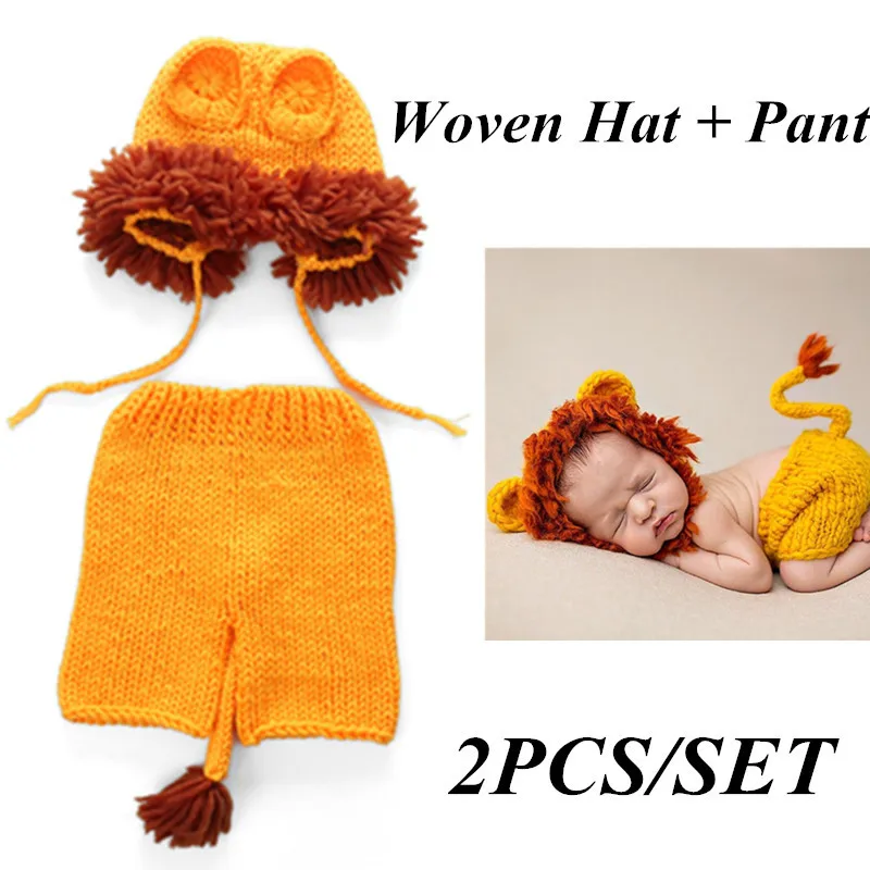 Cute 2pcs/set Soft Newborn Baby Photography Props Crochet Knit Cute Pattern Handmade Pants + Hat Set Baby Lion Suit