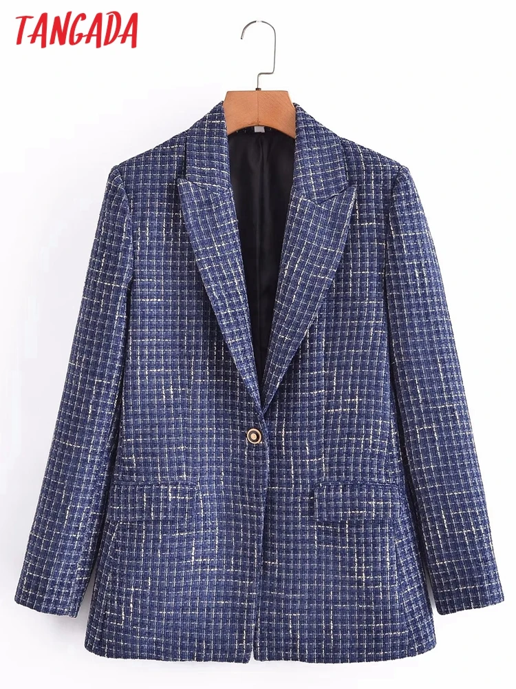 

Tangada Women 2022 Blue Tweed Blazer Female Long Sleeve Elegant Jacket Ladies Thick Blazer Suits 3A146