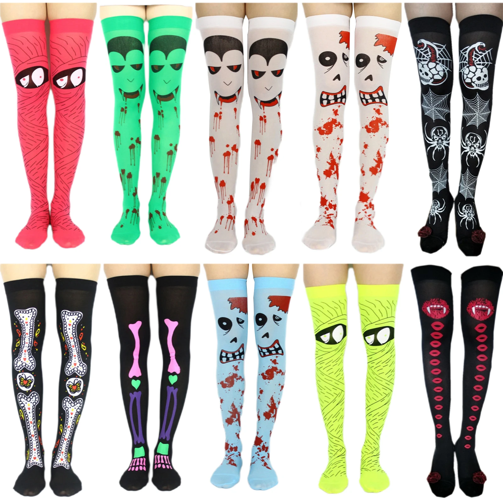 

Halloween Female Knee-High Socks Funny Letter Over Knee Cartoon Patterns Print Stocking Long Tube Socks for Spring Autumn