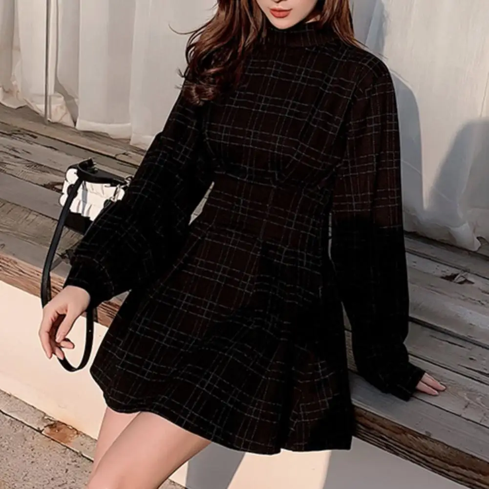 

Half High Collar Long Sleeve Waist Tight High-Waist Mini Dress Women Autumn Winter Plaid Print Pleated Hem A-Line Dress 2023