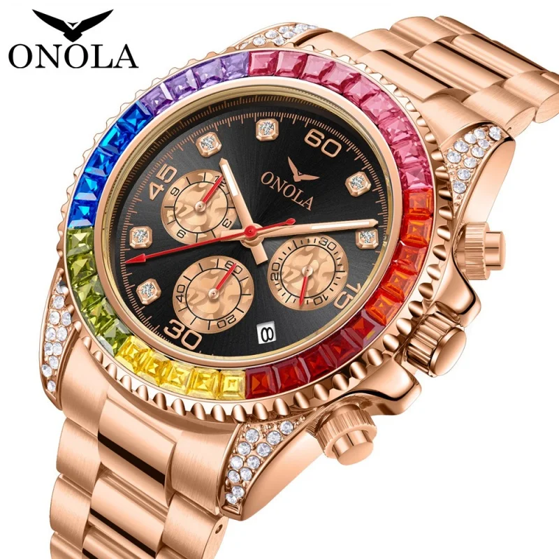 Фото ONOLA 6842G TOP Деловые золотые кварцевые часы мужские цветные бриллианты из нержавеющей стали водостойкий светящийся календарь мужские роскошные часы №1