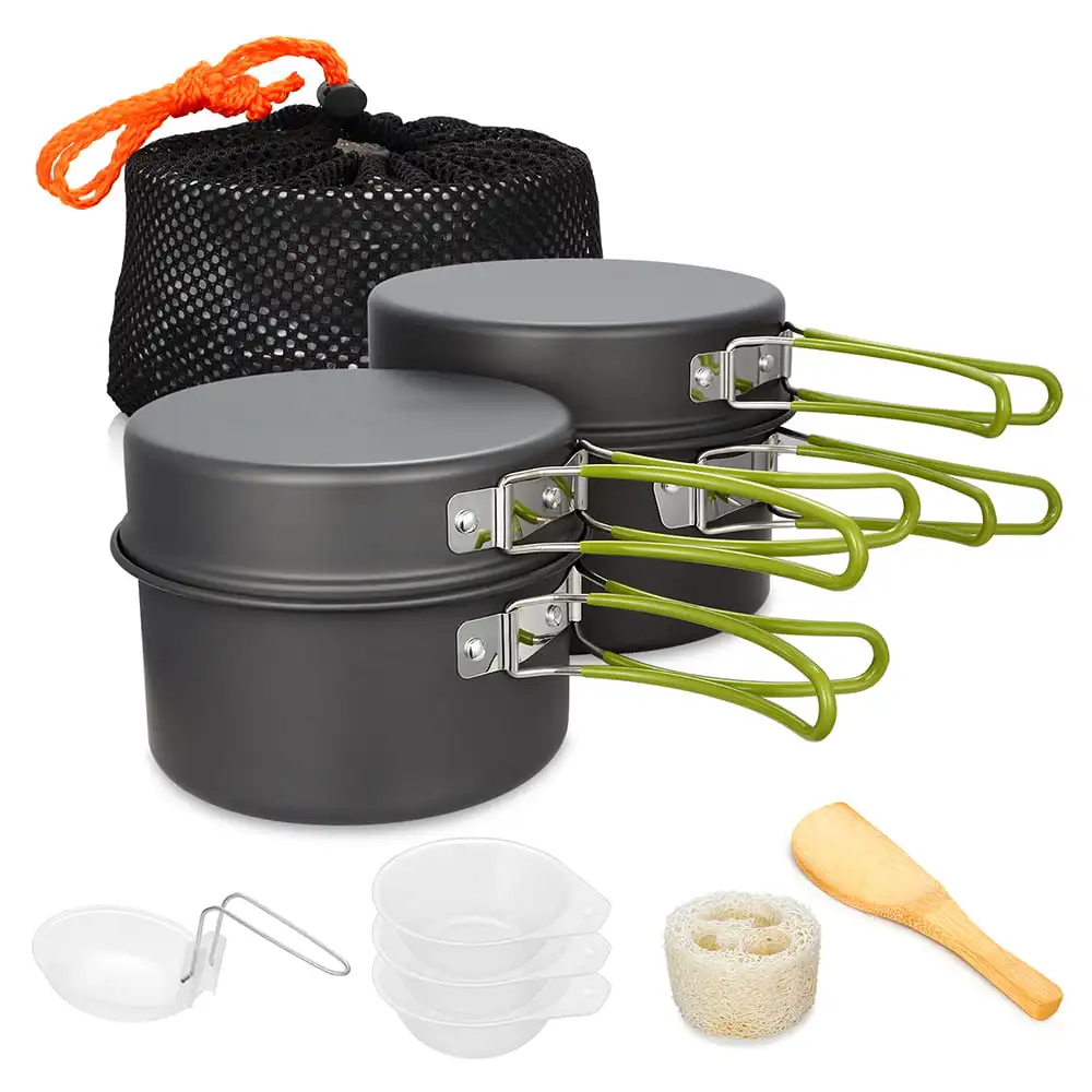 

Camping Cookware Set Camping Gear Campfire Utensils Non-Stick Green Cooking Equipment with Storage Bag